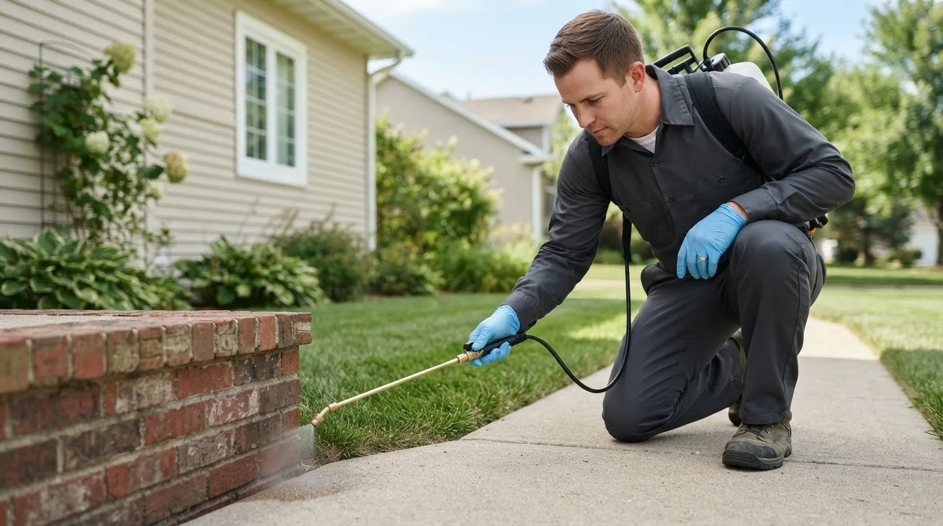 Pest control technician treating a home near Soudan, MN